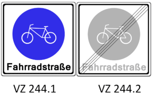 Diese Verkehrszeichen markieren den Beginn und das Ende einer Fahrradstraße.